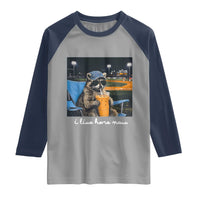 Funny Raccoon Baseball Game Day Meme Raglan Shirt I Live Here Now Trash Panda Iced Coffee Night