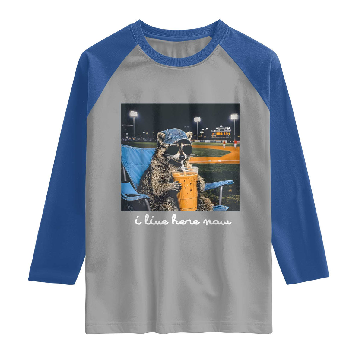 Funny Raccoon Baseball Game Day Meme Raglan Shirt I Live Here Now Trash Panda Iced Coffee Night