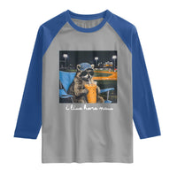 Funny Raccoon Baseball Game Day Meme Raglan Shirt I Live Here Now Trash Panda Iced Coffee Night