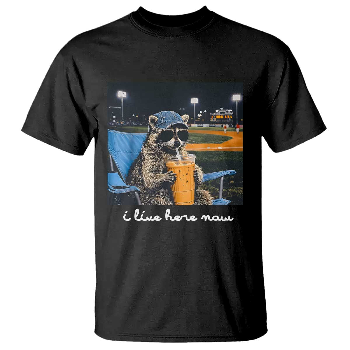 Funny Raccoon Baseball Game Day Meme T Shirt I Live Here Now Trash Panda Iced Coffee Night