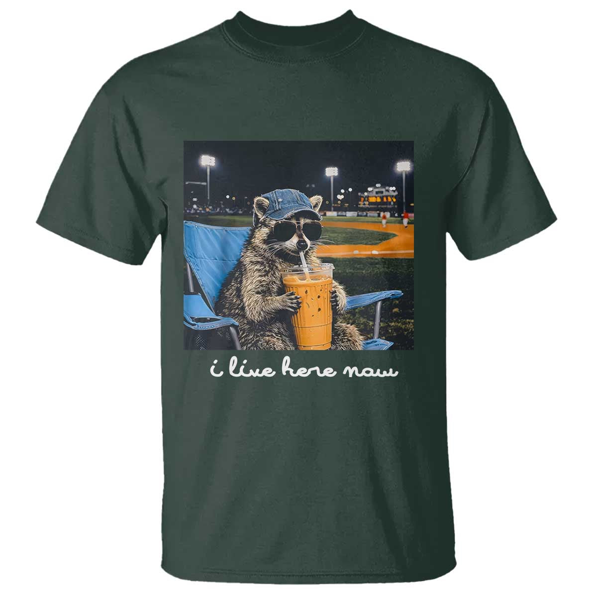 Funny Raccoon Baseball Game Day Meme T Shirt I Live Here Now Trash Panda Iced Coffee Night