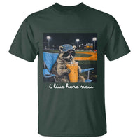 Funny Raccoon Baseball Game Day Meme T Shirt I Live Here Now Trash Panda Iced Coffee Night