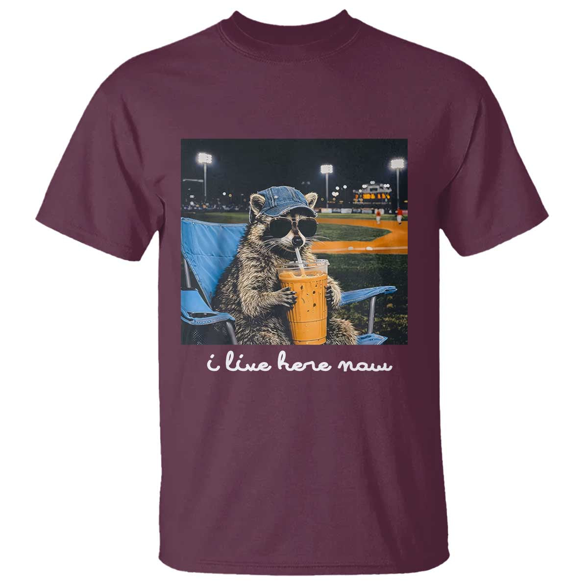Funny Raccoon Baseball Game Day Meme T Shirt I Live Here Now Trash Panda Iced Coffee Night