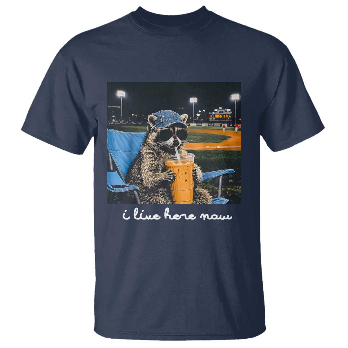 Funny Raccoon Baseball Game Day Meme T Shirt I Live Here Now Trash Panda Iced Coffee Night