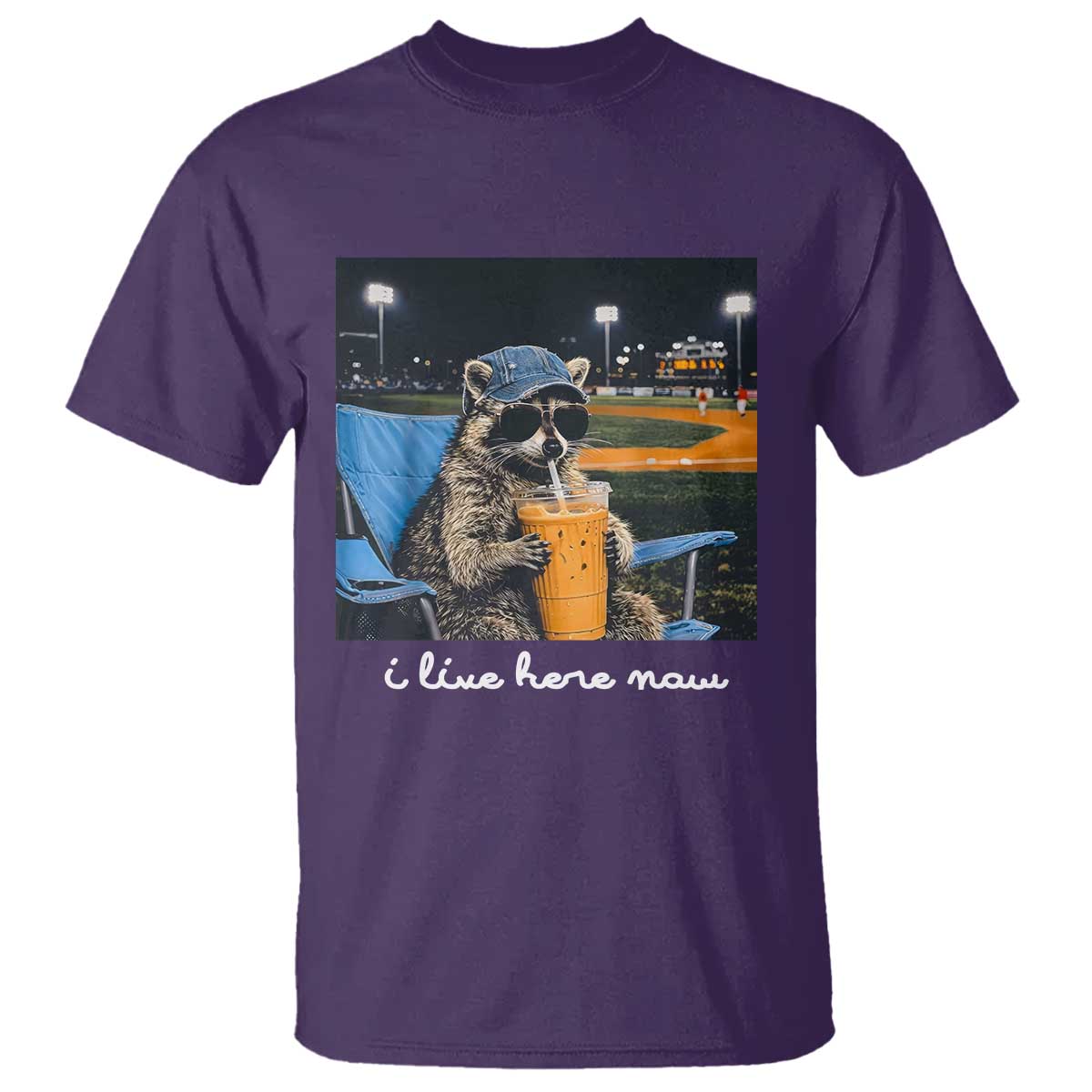 Funny Raccoon Baseball Game Day Meme T Shirt I Live Here Now Trash Panda Iced Coffee Night