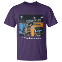 Funny Raccoon Baseball Game Day Meme T Shirt I Live Here Now Trash Panda Iced Coffee Night