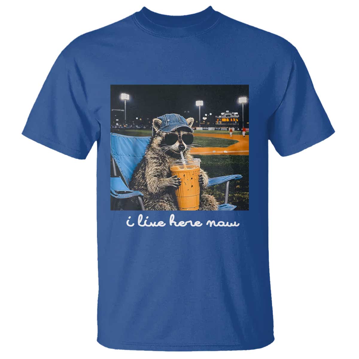 Funny Raccoon Baseball Game Day Meme T Shirt I Live Here Now Trash Panda Iced Coffee Night