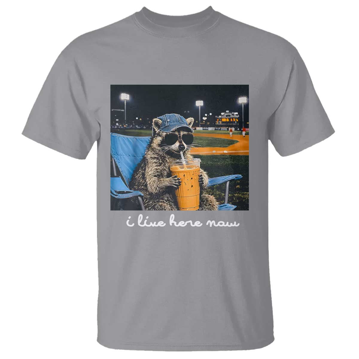 Funny Raccoon Baseball Game Day Meme T Shirt I Live Here Now Trash Panda Iced Coffee Night