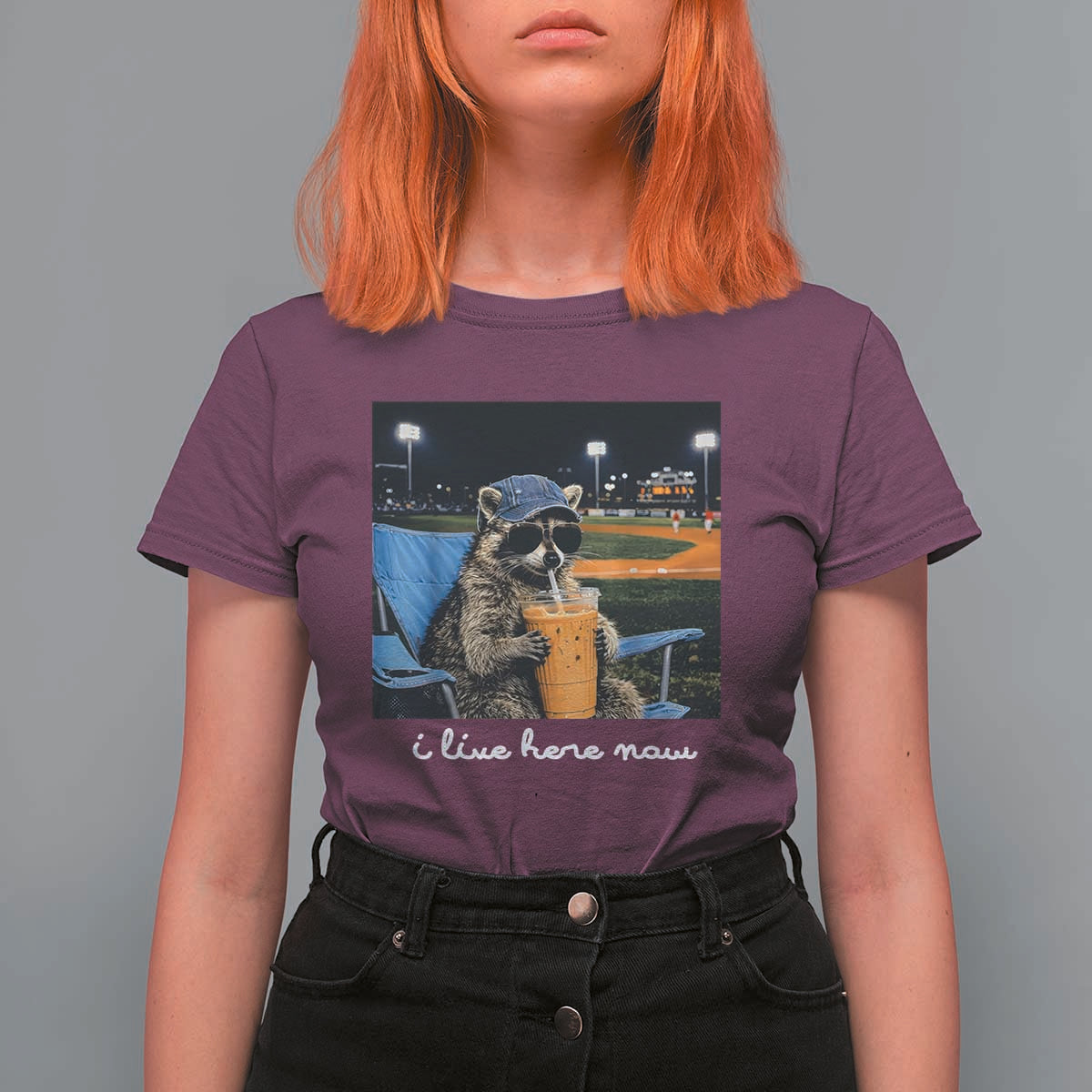 Funny Raccoon Baseball Game Day Meme T Shirt For Women I Live Here Now Trash Panda Iced Coffee Night