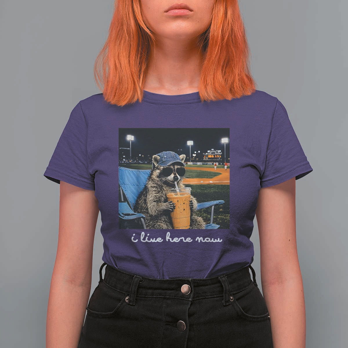 Funny Raccoon Baseball Game Day Meme T Shirt For Women I Live Here Now Trash Panda Iced Coffee Night