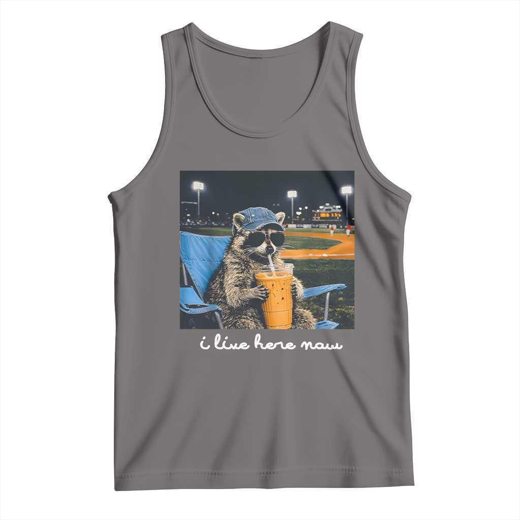 Funny Raccoon Baseball Game Day Meme Tank Top I Live Here Now Trash Panda Iced Coffee Night
