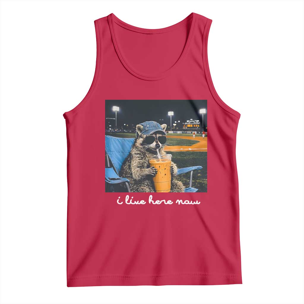 Funny Raccoon Baseball Game Day Meme Tank Top I Live Here Now Trash Panda Iced Coffee Night