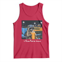 Funny Raccoon Baseball Game Day Meme Tank Top I Live Here Now Trash Panda Iced Coffee Night