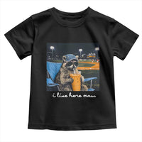 Funny Raccoon Baseball Game Day Meme Toddler T Shirt I Live Here Now Trash Panda Iced Coffee Night