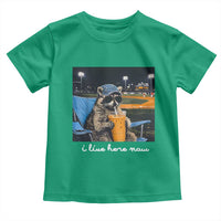 Funny Raccoon Baseball Game Day Meme Toddler T Shirt I Live Here Now Trash Panda Iced Coffee Night