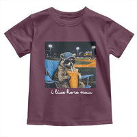 Funny Raccoon Baseball Game Day Meme Toddler T Shirt I Live Here Now Trash Panda Iced Coffee Night