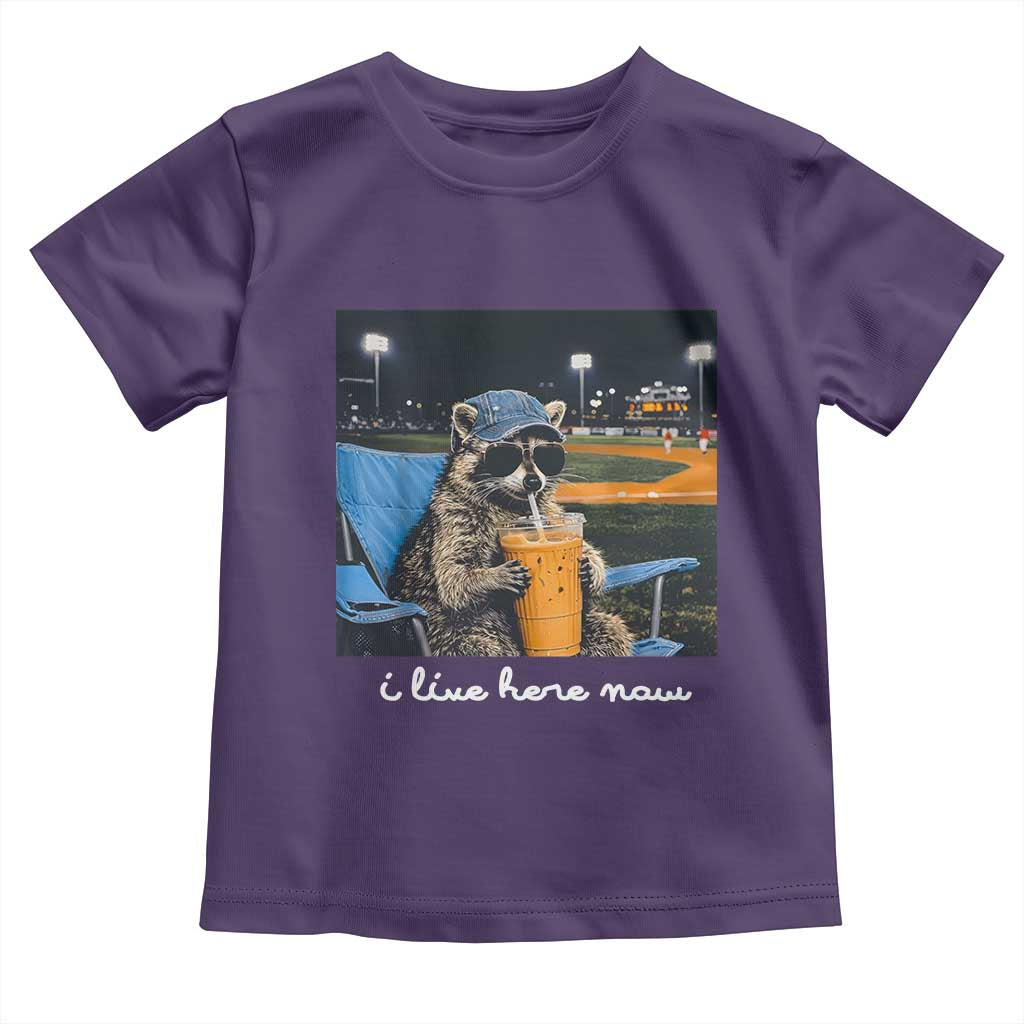 Funny Raccoon Baseball Game Day Meme Toddler T Shirt I Live Here Now Trash Panda Iced Coffee Night