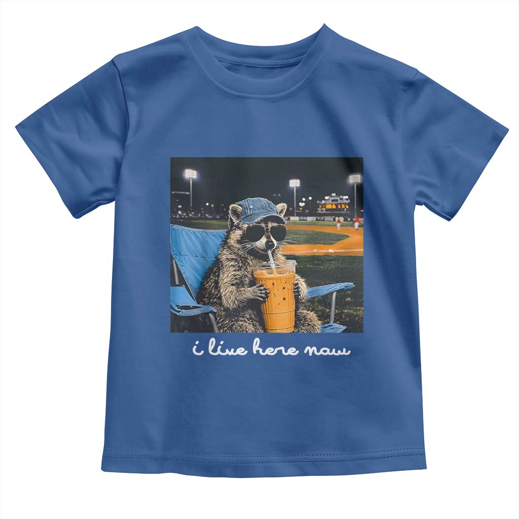 Funny Raccoon Baseball Game Day Meme Toddler T Shirt I Live Here Now Trash Panda Iced Coffee Night