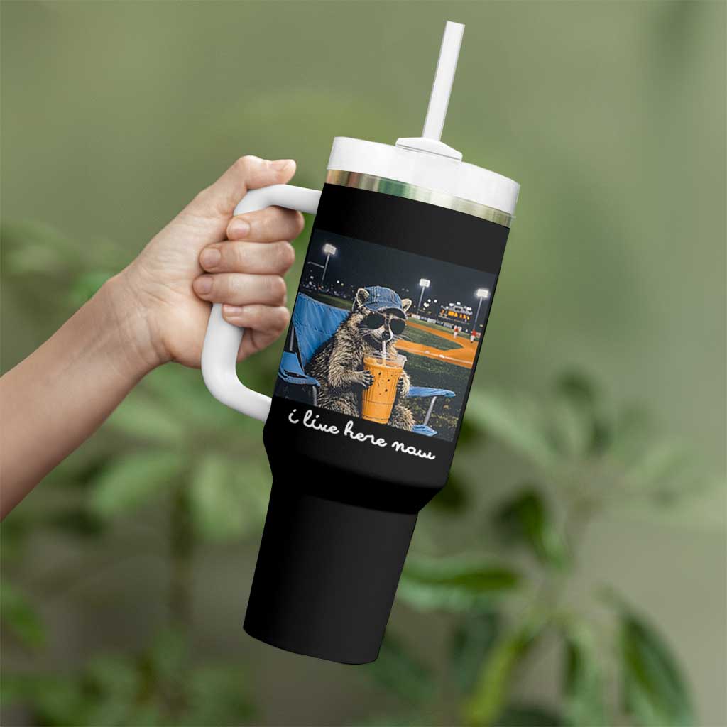 Funny Raccoon Baseball Game Day Meme Tumbler With Handle I Live Here Now Trash Panda Iced Coffee Night