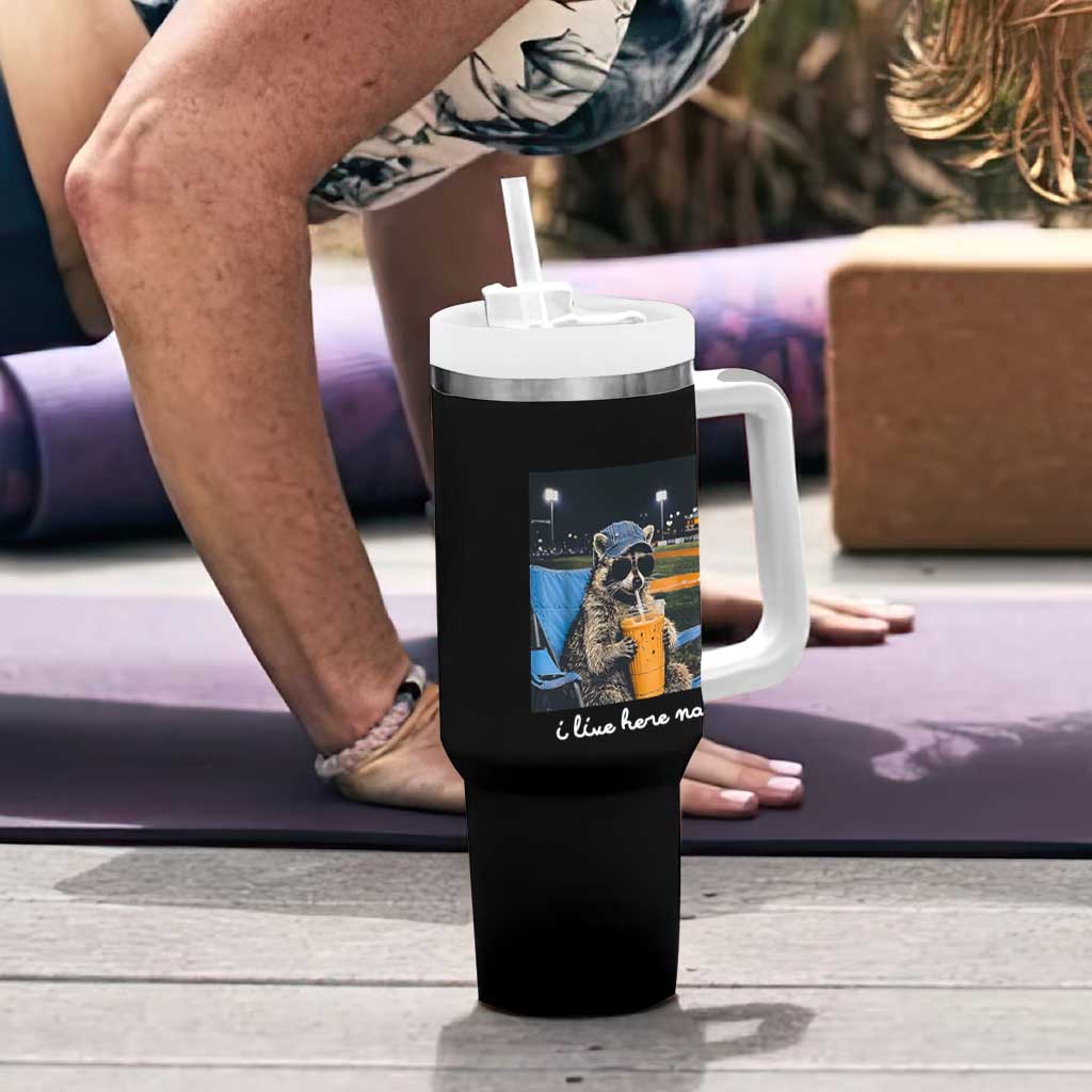 Funny Raccoon Baseball Game Day Meme Tumbler With Handle I Live Here Now Trash Panda Iced Coffee Night