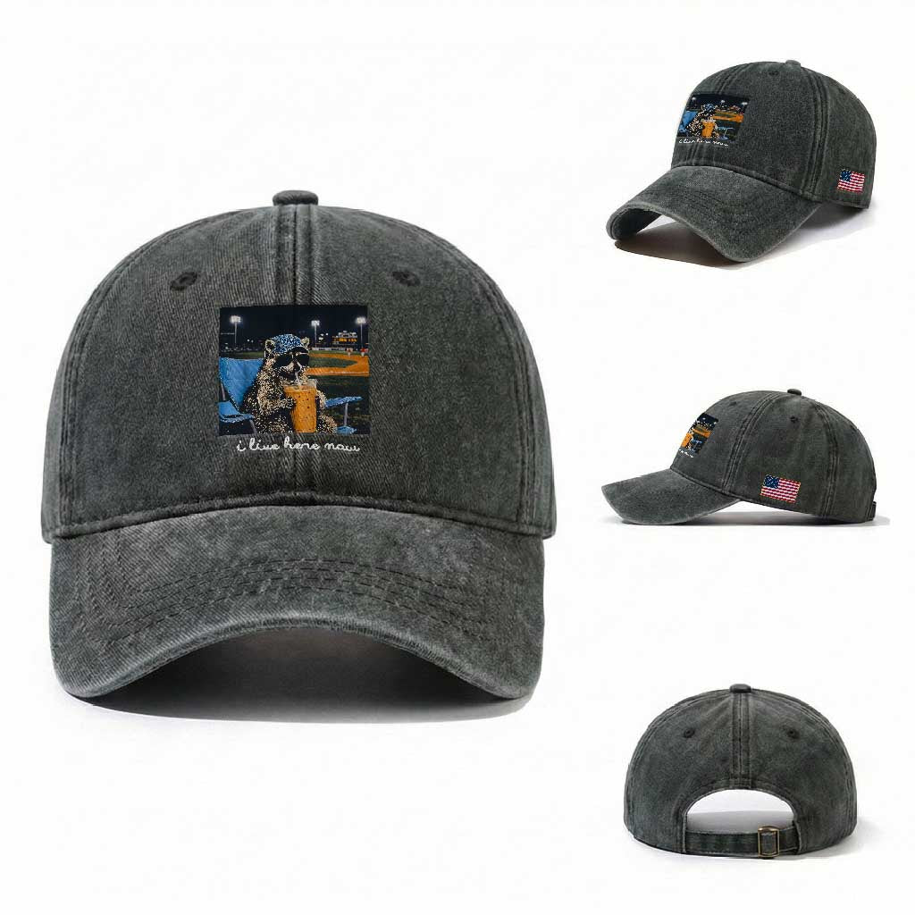 Funny Raccoon Baseball Game Day Meme Washed Cotton Baseball Cap I Live Here Now Trash Panda Iced Coffee Night
