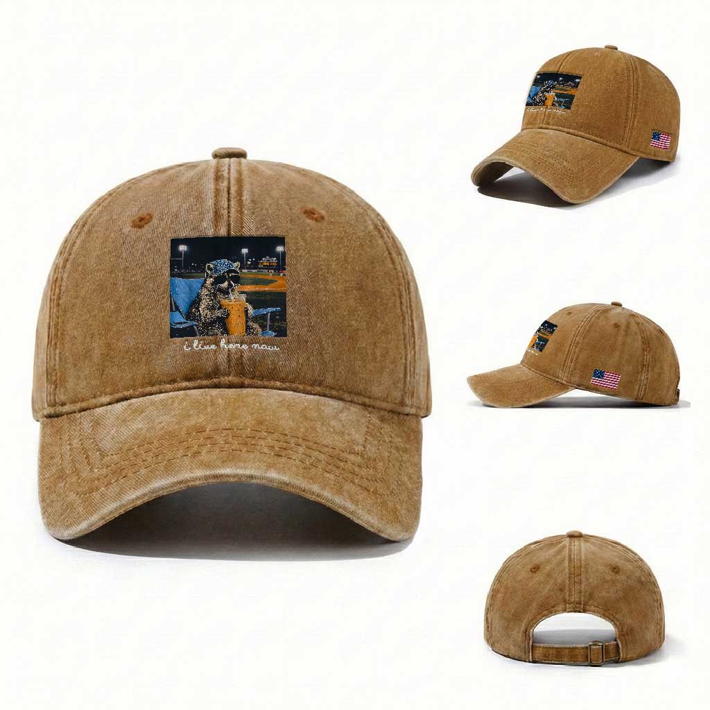Funny Raccoon Baseball Game Day Meme Washed Cotton Baseball Cap I Live Here Now Trash Panda Iced Coffee Night