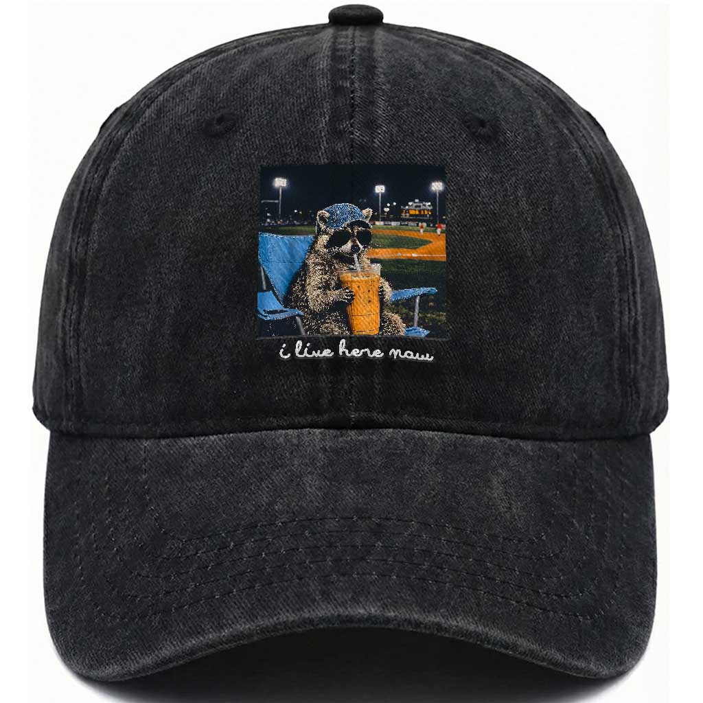Funny Raccoon Baseball Game Day Meme Washed Cotton Baseball Cap I Live Here Now Trash Panda Iced Coffee Night