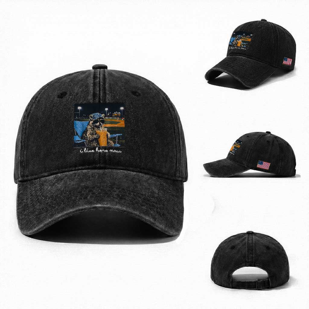Funny Raccoon Baseball Game Day Meme Washed Cotton Baseball Cap I Live Here Now Trash Panda Iced Coffee Night