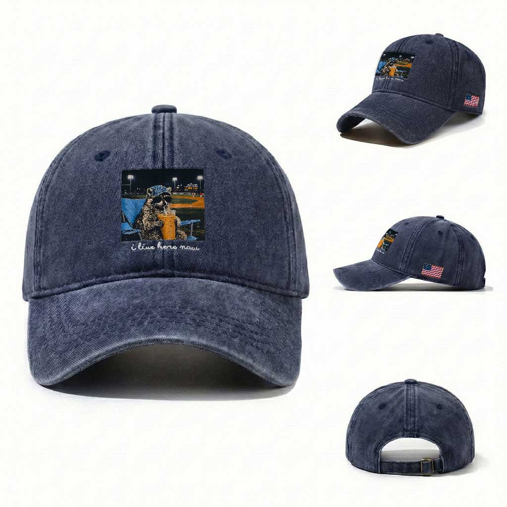 Funny Raccoon Baseball Game Day Meme Washed Cotton Baseball Cap I Live Here Now Trash Panda Iced Coffee Night