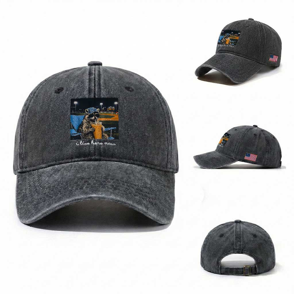 Funny Raccoon Baseball Game Day Meme Washed Cotton Baseball Cap I Live Here Now Trash Panda Iced Coffee Night
