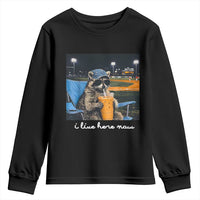 Funny Raccoon Baseball Game Day Meme Youth Sweatshirt I Live Here Now Trash Panda Iced Coffee Night