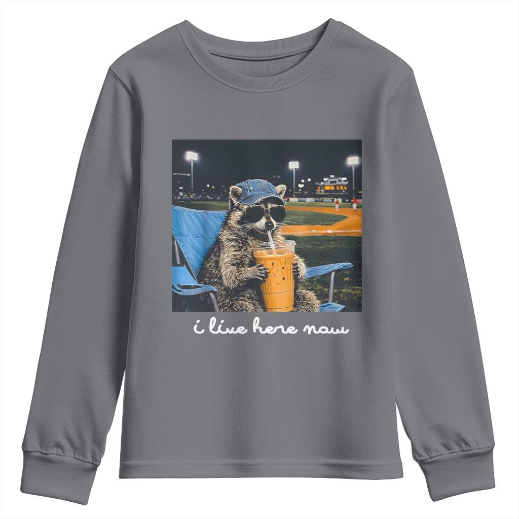 Funny Raccoon Baseball Game Day Meme Youth Sweatshirt I Live Here Now Trash Panda Iced Coffee Night