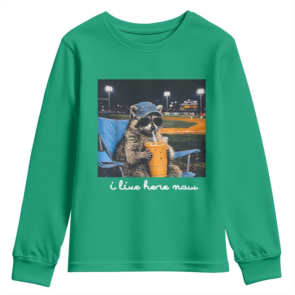 Funny Raccoon Baseball Game Day Meme Youth Sweatshirt I Live Here Now Trash Panda Iced Coffee Night