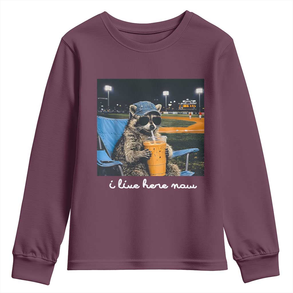 Funny Raccoon Baseball Game Day Meme Youth Sweatshirt I Live Here Now Trash Panda Iced Coffee Night