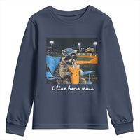 Funny Raccoon Baseball Game Day Meme Youth Sweatshirt I Live Here Now Trash Panda Iced Coffee Night