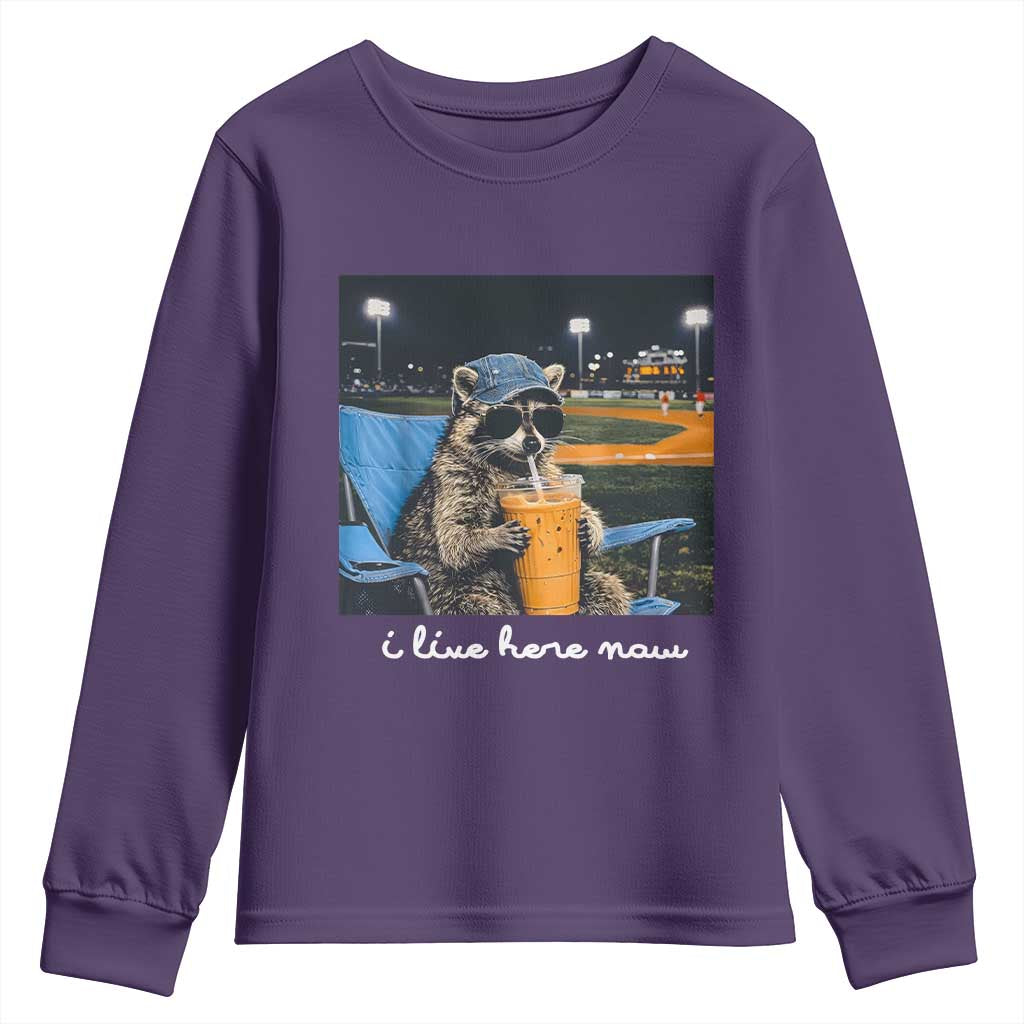 Funny Raccoon Baseball Game Day Meme Youth Sweatshirt I Live Here Now Trash Panda Iced Coffee Night