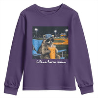 Funny Raccoon Baseball Game Day Meme Youth Sweatshirt I Live Here Now Trash Panda Iced Coffee Night