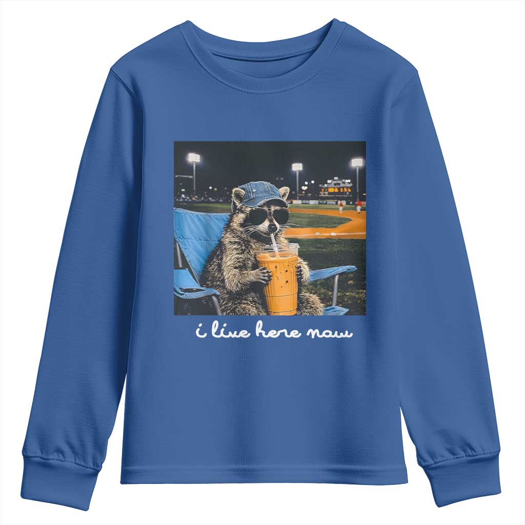 Funny Raccoon Baseball Game Day Meme Youth Sweatshirt I Live Here Now Trash Panda Iced Coffee Night