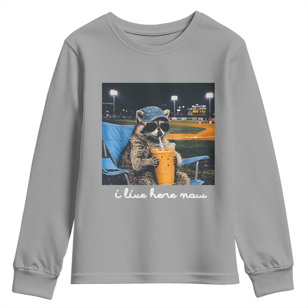 Funny Raccoon Baseball Game Day Meme Youth Sweatshirt I Live Here Now Trash Panda Iced Coffee Night