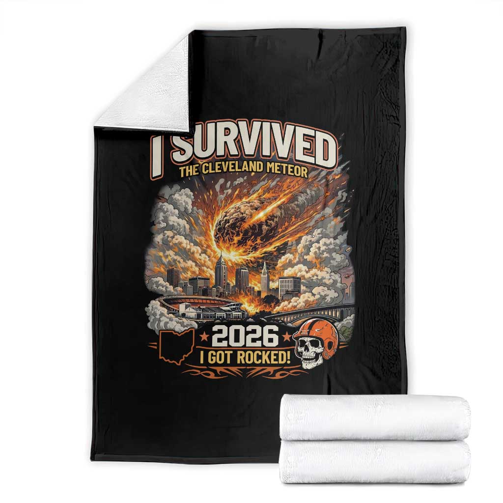 I Survived The Cleveland Meteor 2026 Throw Blanket Funny Ohio Apocalypse Meme Vintage Football Fan Humor