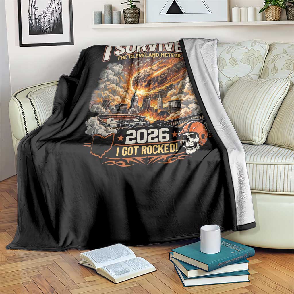 I Survived The Cleveland Meteor 2026 Throw Blanket Funny Ohio Apocalypse Meme Vintage Football Fan Humor