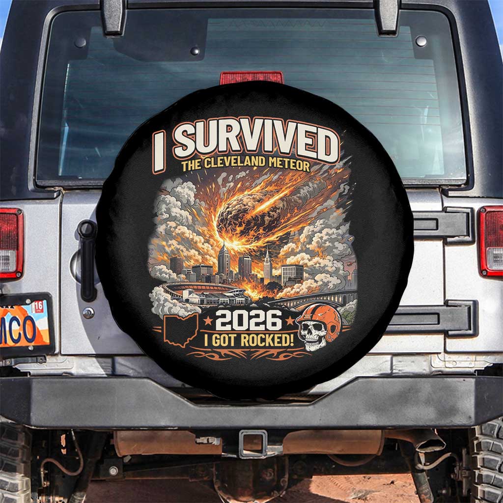 I Survived The Cleveland Meteor 2026 Spare Tire Cover Funny Ohio Apocalypse Meme Vintage Football Fan Humor