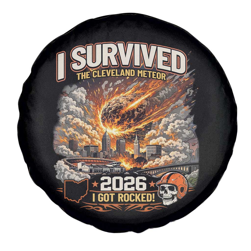 I Survived The Cleveland Meteor 2026 Spare Tire Cover Funny Ohio Apocalypse Meme Vintage Football Fan Humor