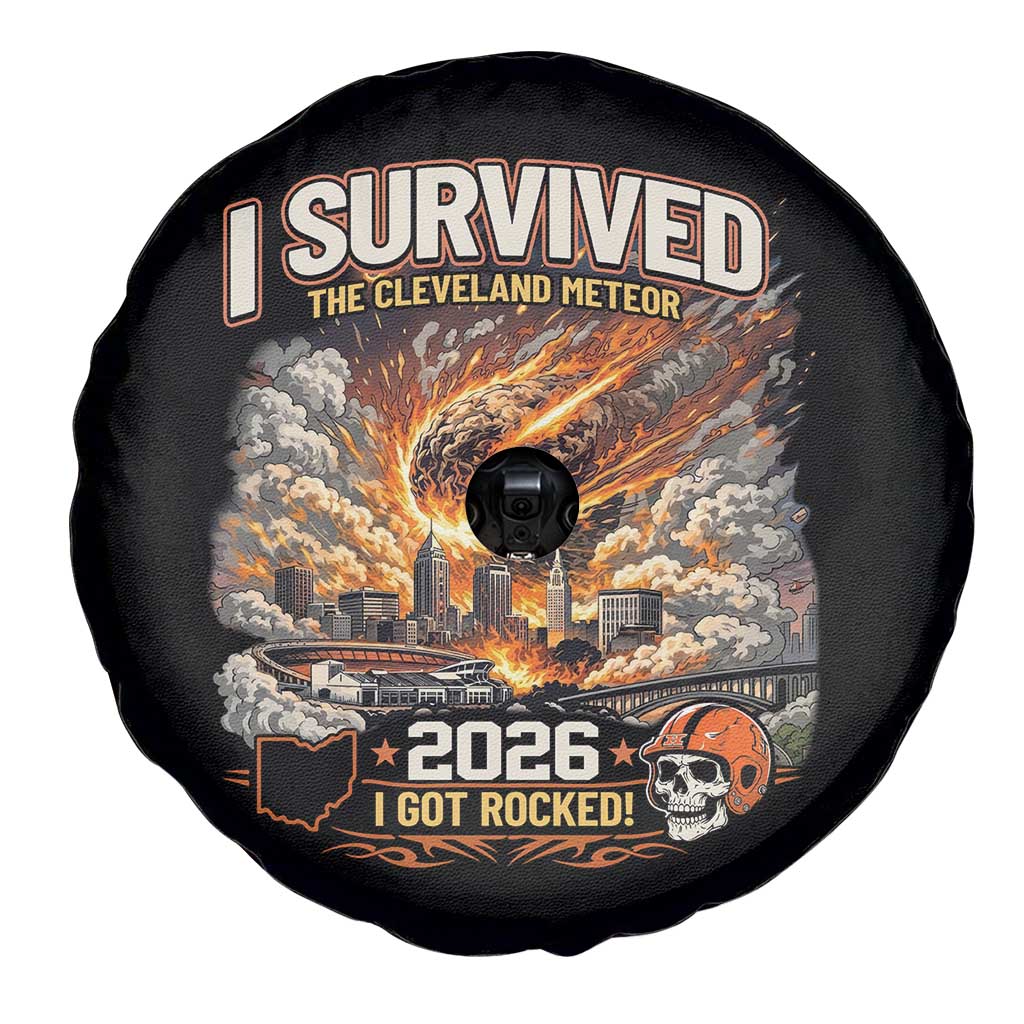 I Survived The Cleveland Meteor 2026 Spare Tire Cover Funny Ohio Apocalypse Meme Vintage Football Fan Humor