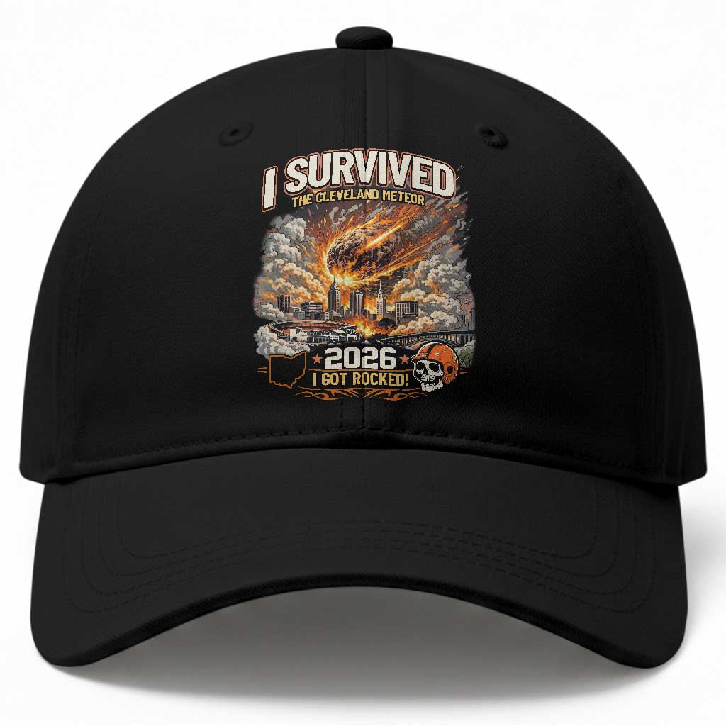 I Survived The Cleveland Meteor 2026 Baseball Cap Funny Ohio Apocalypse Meme Vintage Football Fan Humor