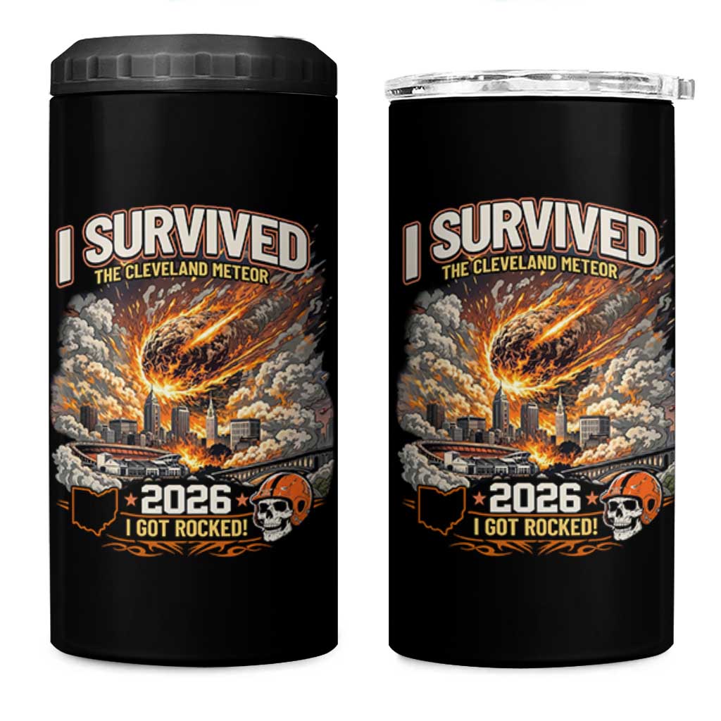 I Survived The Cleveland Meteor 2026 4 in 1 Can Cooler Tumbler Funny Ohio Apocalypse Meme Vintage Football Fan Humor
