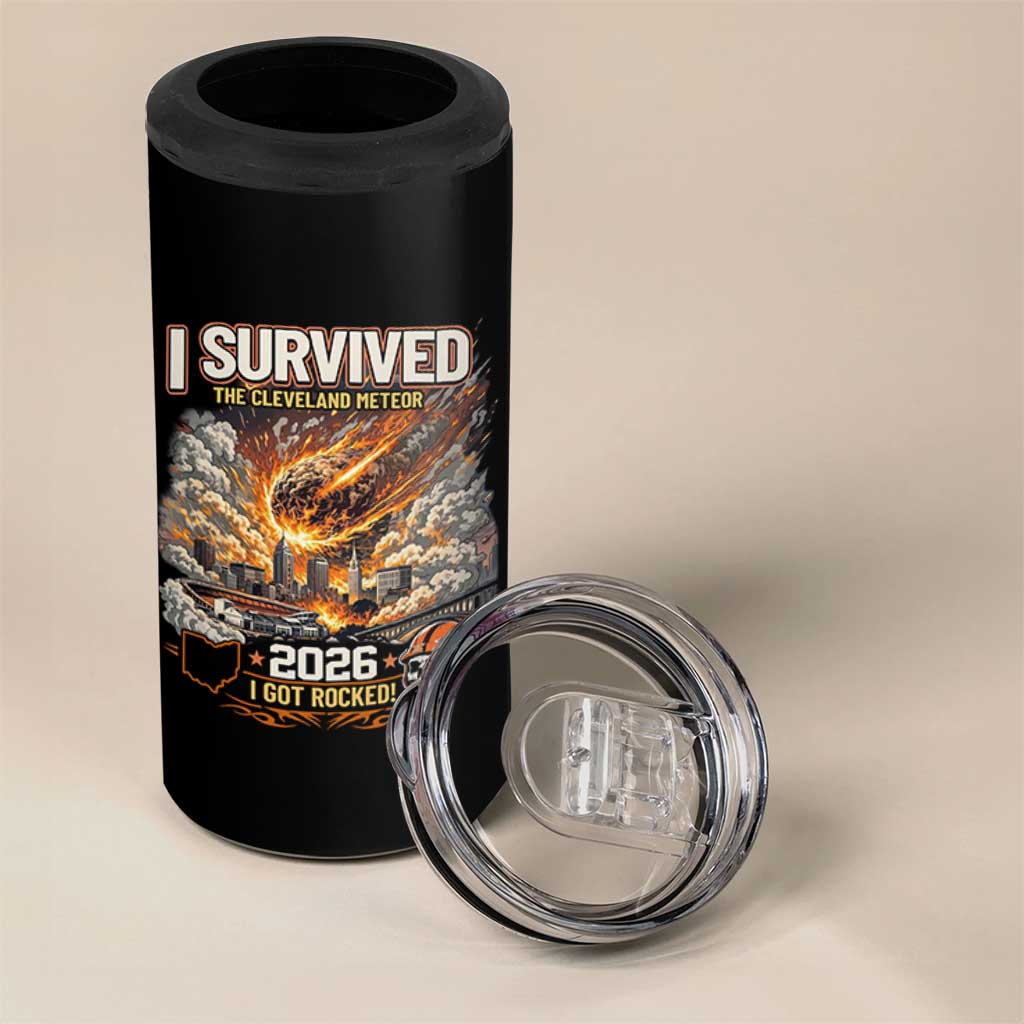 I Survived The Cleveland Meteor 2026 4 in 1 Can Cooler Tumbler Funny Ohio Apocalypse Meme Vintage Football Fan Humor