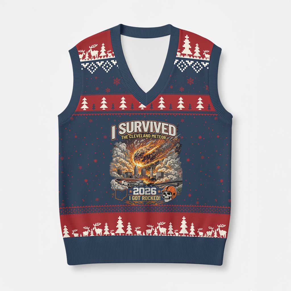 I Survived The Cleveland Meteor 2026 V-Neck Knit Sweater Vest Funny Ohio Apocalypse Meme Vintage Football Fan Humor