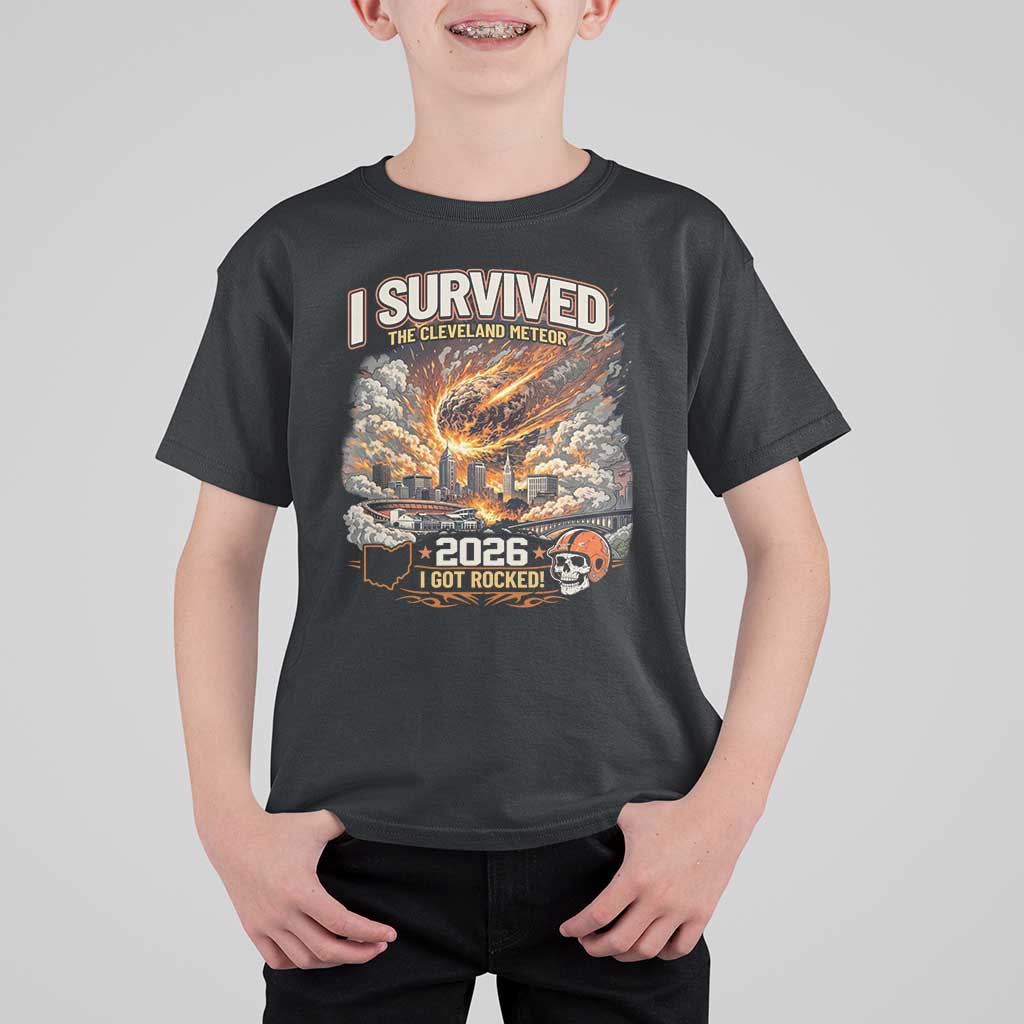 I Survived The Cleveland Meteor 2026 T Shirt For Kid Funny Ohio Apocalypse Meme Vintage Football Fan Humor