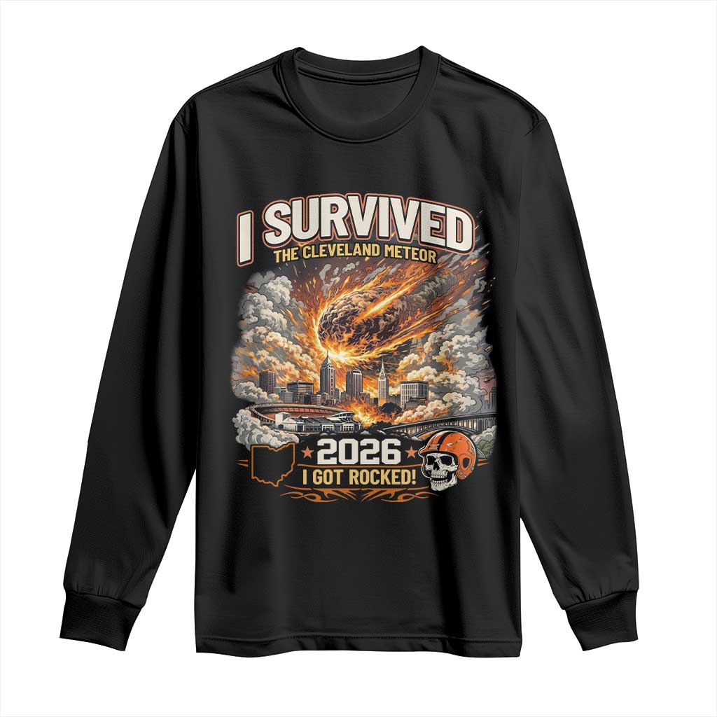 I Survived The Cleveland Meteor 2026 Long Sleeve Shirt Funny Ohio Apocalypse Meme Vintage Football Fan Humor